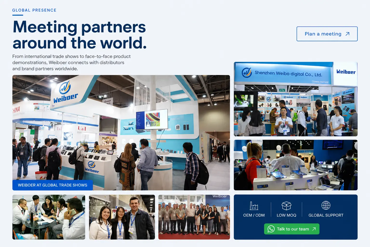 Weiboer Global Presence: exhibition booths, international buyers, product demonstrations and global partners